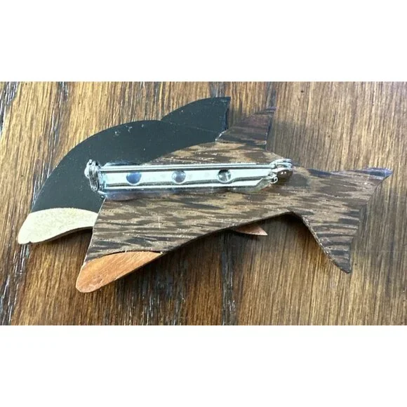 Wood Wooden Double Fish Dolphin Pin‎ Brooch Abalone - Picture 5 of 5